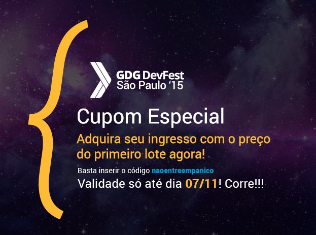 GDGSaoPaulo's tweet photo. Últimos dias do desconto #DevFestSP15 com o valor do 1° lote. Corre que é só até dia 07/11! https://t.co/WnUSdivySK https://t.co/u9TwUeBTeM