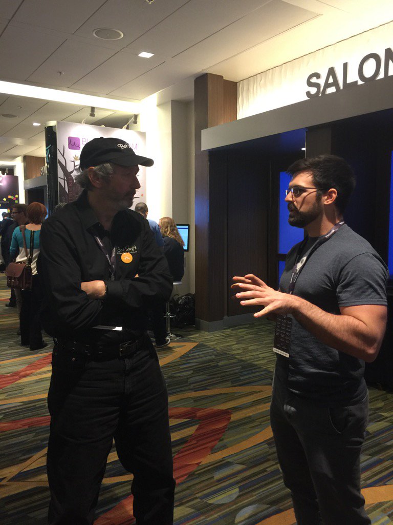 raybrad's tweet photo. @jomjesse holding court with @bobswiftmn #LuvYourSoftware @ServiceRocket #atlassiansummit https://t.co/vqJvWRaYRA