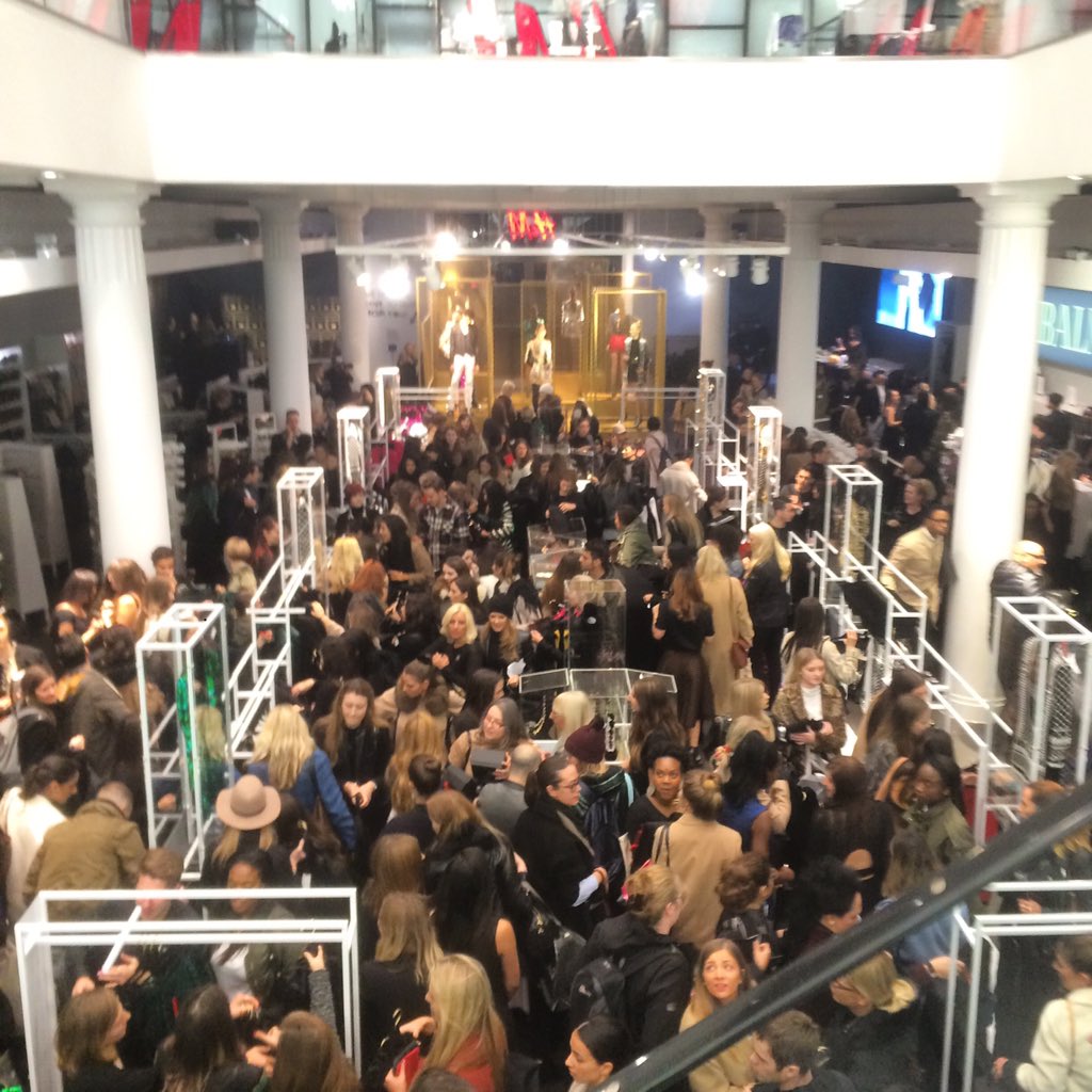 Drapers's tweet photo. The shopping madness inside the Regent St store preview for #HMBalmaination. Empty rails within 10 mins! @hm https://t.co/rd7ByIPg68