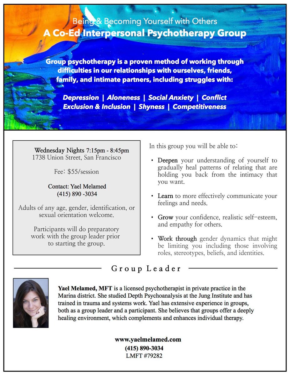 CieloHouse's tweet photo. Are you looking for a mid-week #therapygroup in #SanFrancisco? Our great friend @ymelamedhealing has one! #fir2015 https://t.co/c2IrAlmKyt