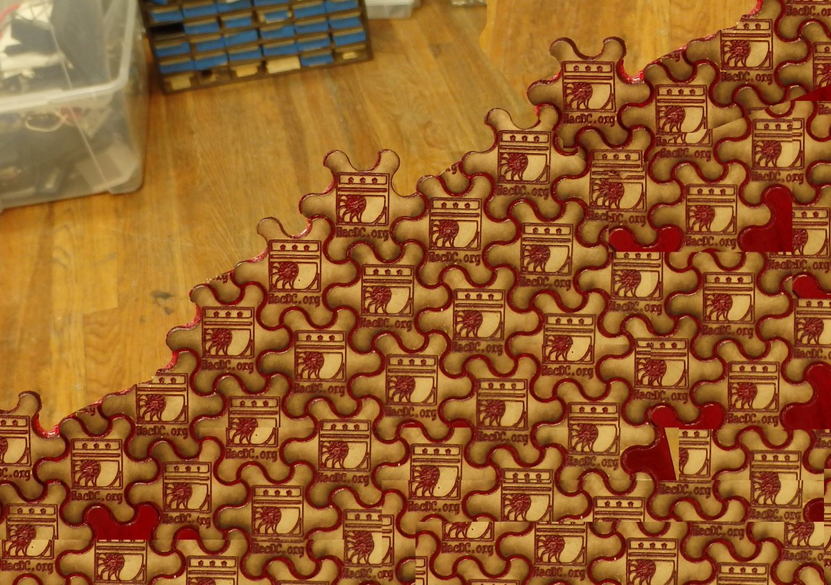 Retinalia's tweet photo. #Art + #Craft + #Tech: #Tiling of #HacDC logos using our #LaserCutter @D68GA @infosec_andy https://t.co/VWW4xL7o2V