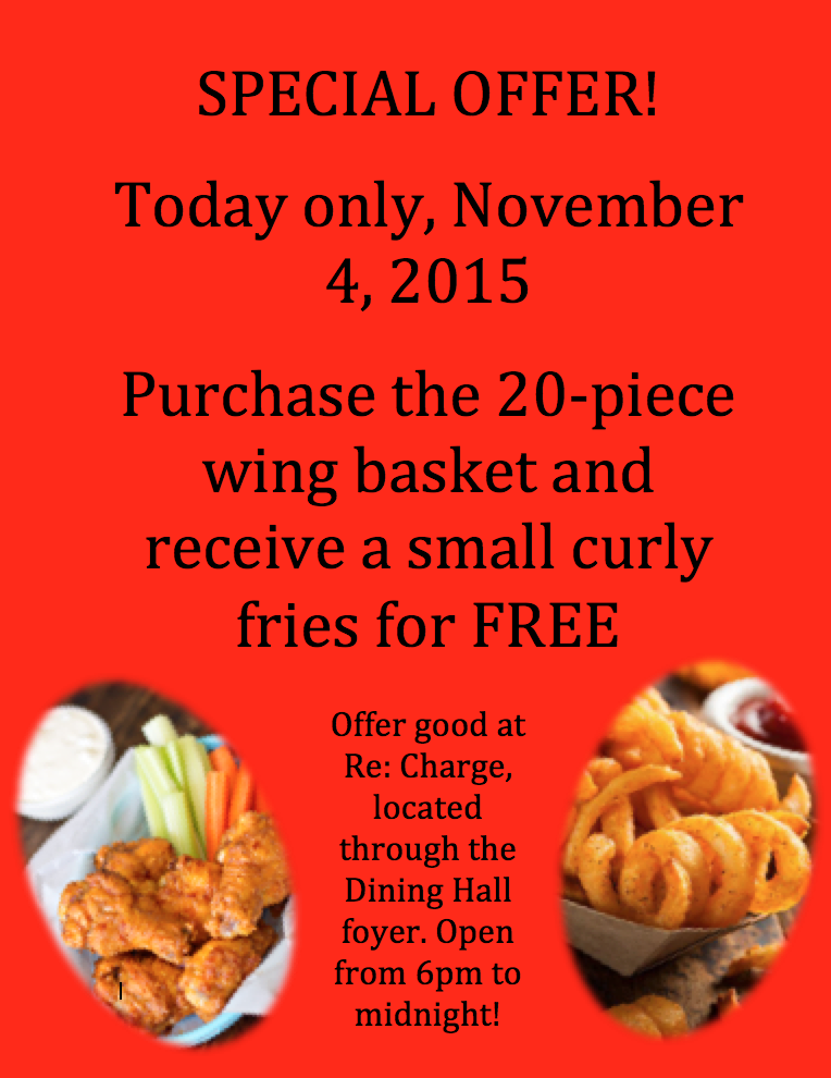 tsudining's tweet photo. Stop by Re: Charge tonight for this special offer! Dont forget your dining dollars expire December 10th, 2015!! https://t.co/hOw0U01DJi