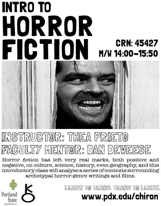 ChironStudies's tweet photo. UNST 199- Intro to Horror Fiction @Portland_State Winter 2016. https://t.co/vnO9oVHjmX #pdx https://t.co/7GUhg0NMFi