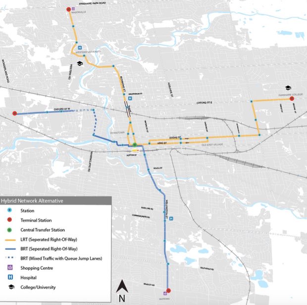 jesse_helmer's tweet image. Staff are recommending a hybrid BRT (blue) /LRT (yellow) network. What do you think, #ldnont?