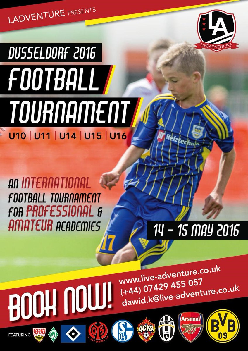 LAdventureTours's tweet photo. Book your team NOW for Dussledorf #tournament 14-16 May 2016.

Featuring teams include @Arsenal @FCBayern and more! https://t.co/13Zg6aM61D