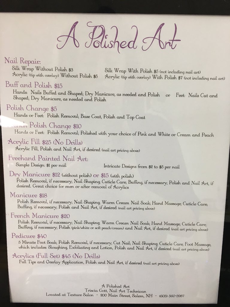 APolishedArt's tweet photo. Nail prices. 
#nails #nailart #art #NewHampshire #Massachusetts #nailsalons https://t.co/7jTqdFfz89