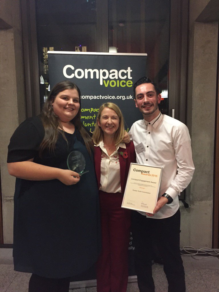 KatyBourne's tweet photo. Celebrating our Sussex Youth Commission win at the #CompactAwards with Nadine &amp; Sefton @dosi8 @LeadersUnlocked https://t.co/reipGsR9pH
