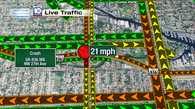 Crash on SR-836 WB ar NW 27th Ave. Speeds at 21 mph @JeniseFernandez https://t.co/73NfTmU9uy