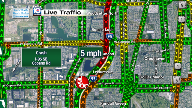 Crash on I-95 SB at Copans Rd. Speeds at 5mph. Two lanes blocked #traffic #pompanobeach @JeniseFernandez https://t.co/Cn4trHNzBD