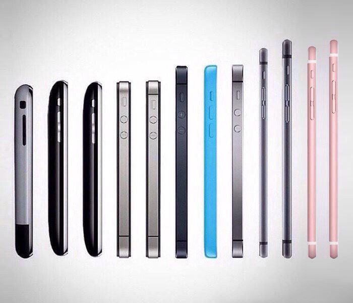 AppleJesus's tweet photo. Эволюция формы iPhone'a. Теперь сбоку. https://t.co/CASnBDHYm9