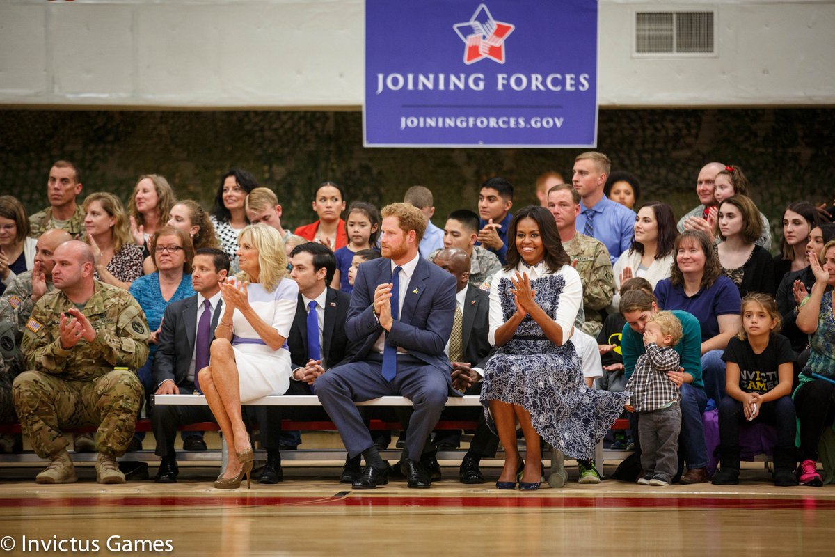 KensingtonRoyal's tweet photo. Prince Harry, @FLOTUS and @DrBiden engrossed watching wheelchair basketball at Fort Belvoir https://t.co/UNNqwpDBGy