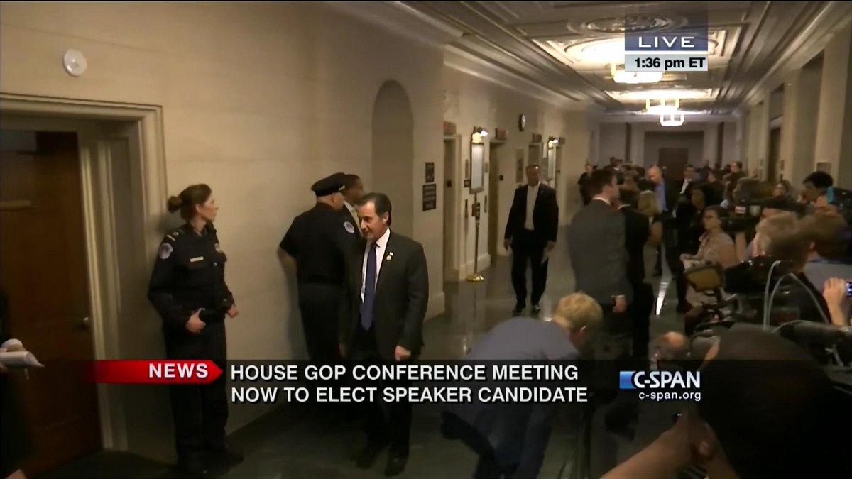 cspan's tweet photo. Happening Now: House GOP Conference (closed door) meeting to elect candidate for Speaker. https://t.co/fPcKT6ERkH