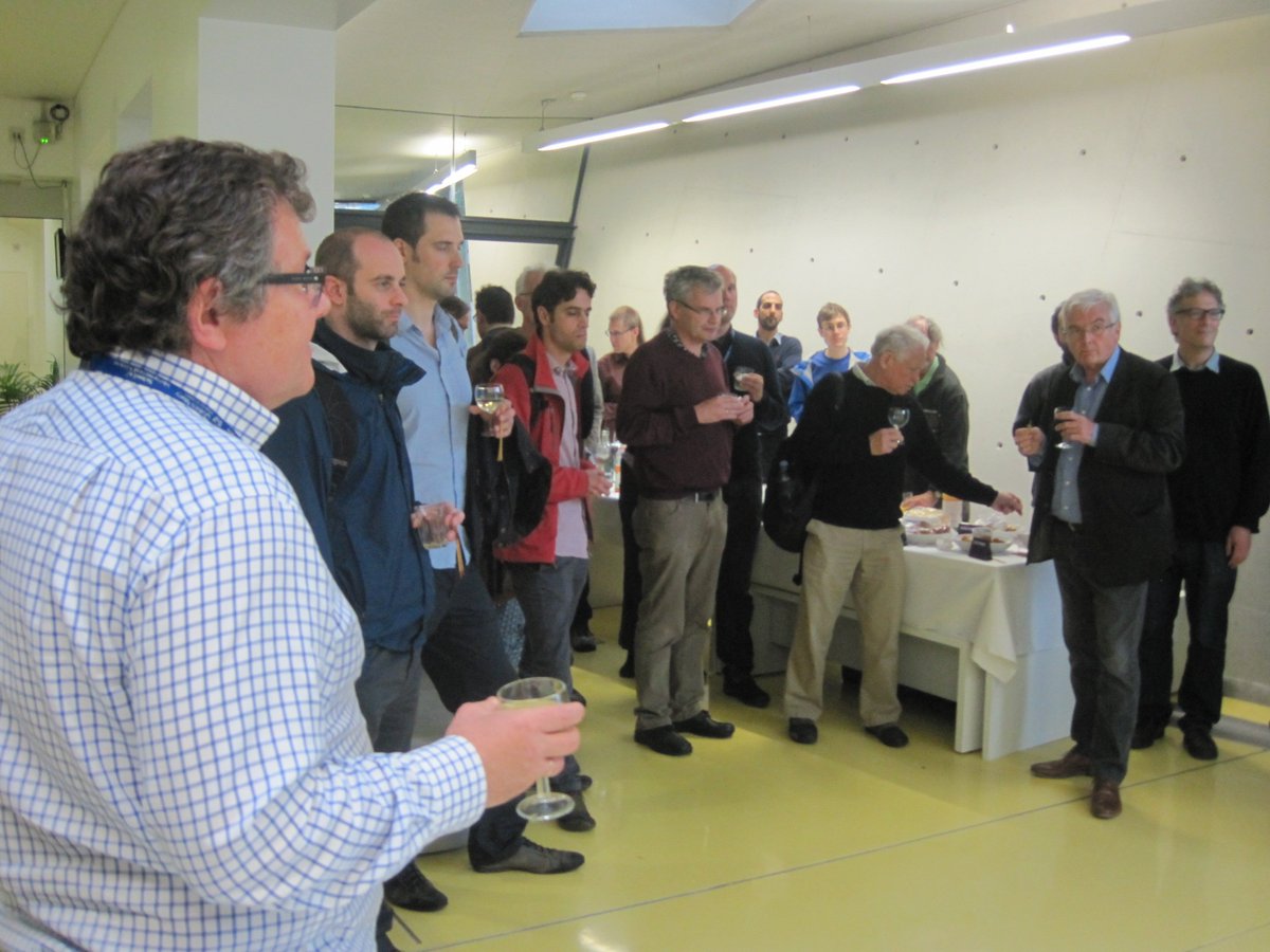 LondMathSoc's tweet photo. The department at @QMULMaths raising a glass to the 150th Anniversary of the LMS! #LMS150 https://t.co/TuJIi230Oa