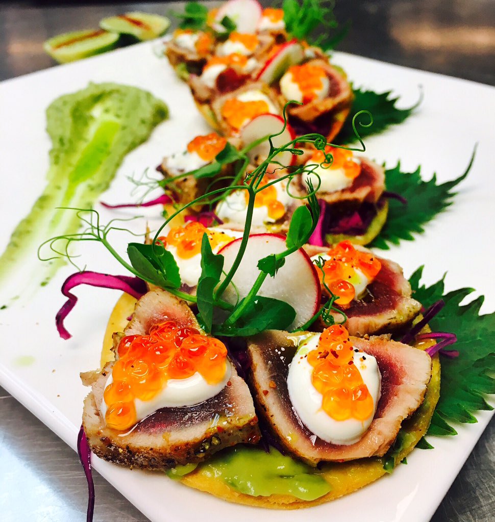 Our Ahi Tuna Tostaditas with avocado cilantro sauce and caviar crema are perfect for our #DayoftheDead celebration!