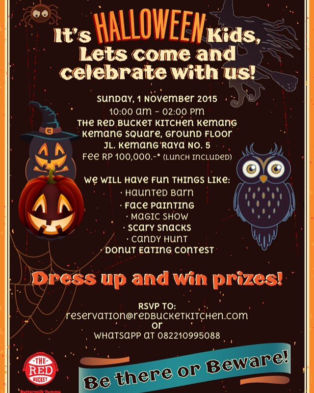 theredbucketina's tweet photo. the red bucket presents: Halloween kids prty ! 👻🃏🎃🎃🎃 for your info please call 082210995088 https://t.co/hZcbbsvWgD