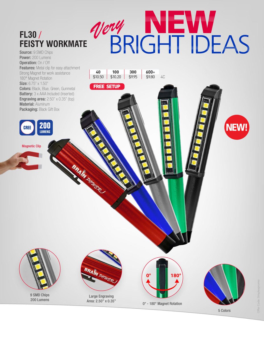 SimplexPromo's tweet image. FL30 -Feisty Workmate!! 200 lumen's, magnetic clip for hands free usage, all for under $10 @ EQP. #promoproducts
