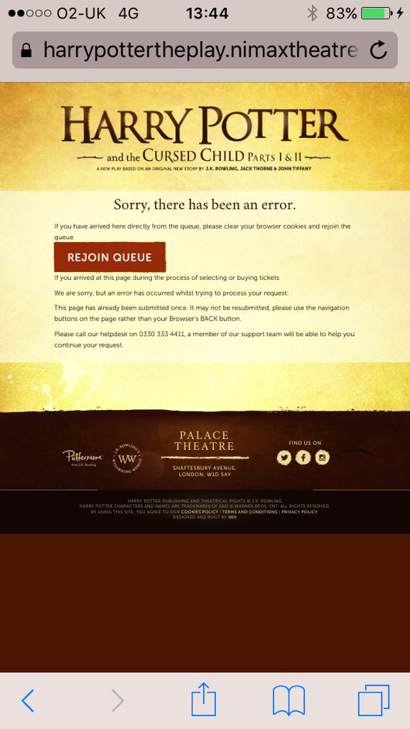 ipodtacular's tweet photo. @HPPlayLDN nearly a three hour wait to get kicked out and this message be displayed after having tickets in basket https://t.co/AeFvduUOLi