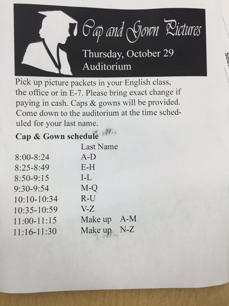 SEHShoofbeats's tweet photo. Here's the schedule for cap and gown photos tomorrow! https://t.co/6yLgcU5Z8D