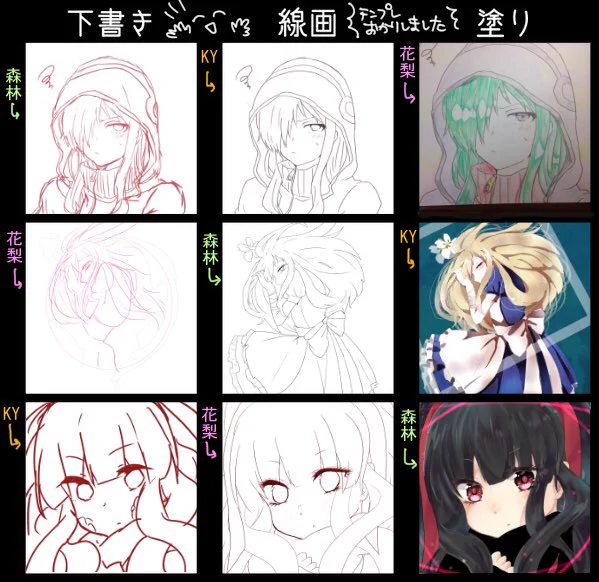 花梨ちゃん(@zizi_popo )KYちゃん(@nekoze666)と下書き線画塗り交換しました!キャラはカゲプロ縛りです♡楽しかった〜〜お二人共ありがとう〜〜!テンプレートお借りしました。 