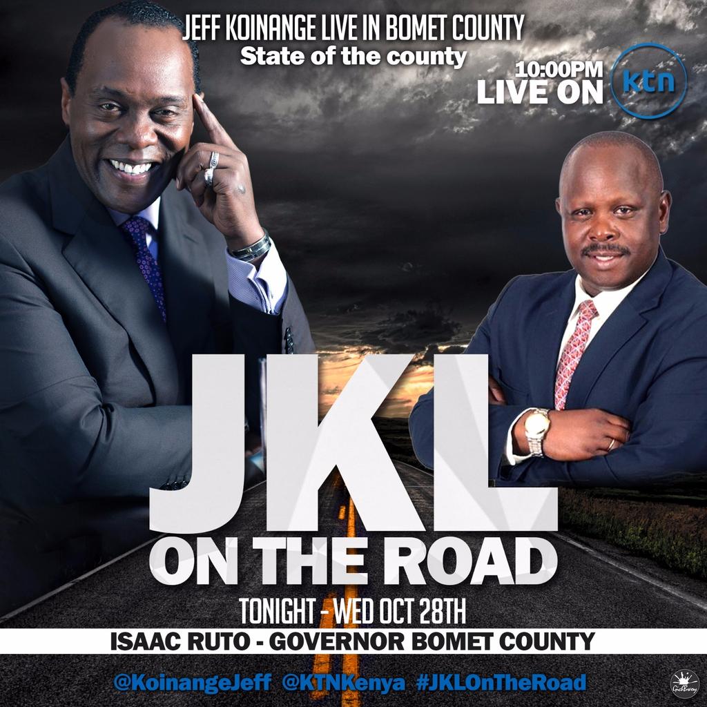 Jeff Koinange, MBS (@koinangejeff) on Twitter photo Get ready for the Premier #JKL On The Road with the outspoken Maverick Governor from Bomet County <a href="/IsaacRutoGov/">Hon Isaac Rutto EGH</a> Get ready for the Premier #JKL On The Road with the outspoken Maverick Governor from Bomet County <a href="/IsaacRutoGov/">Hon Isaac Rutto EGH</a>