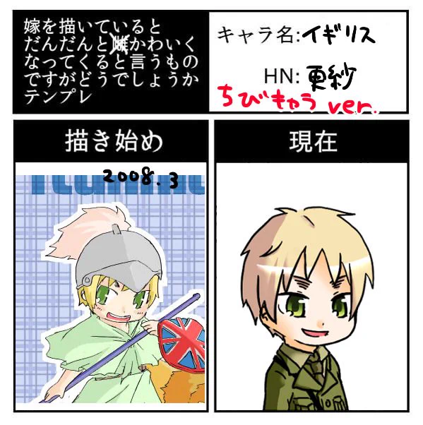 現在の絵も1年前のやつなので、最新のちびキャラ絵で比較。最近ちびキャラとかトレスとかMMDばっかだったかなー。 かわいくなったかは分からないけど、眉毛の眉毛がまゆまゆしくなりましたね 