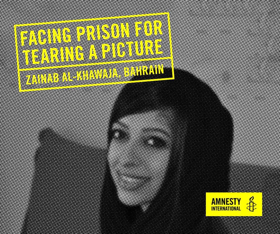 #ZainabAlKhawaja droht Haft, weil sie Foto d. Königs v. #Bahrain zerrissen hat. Aktiv werden bit.ly/1OYqpcM