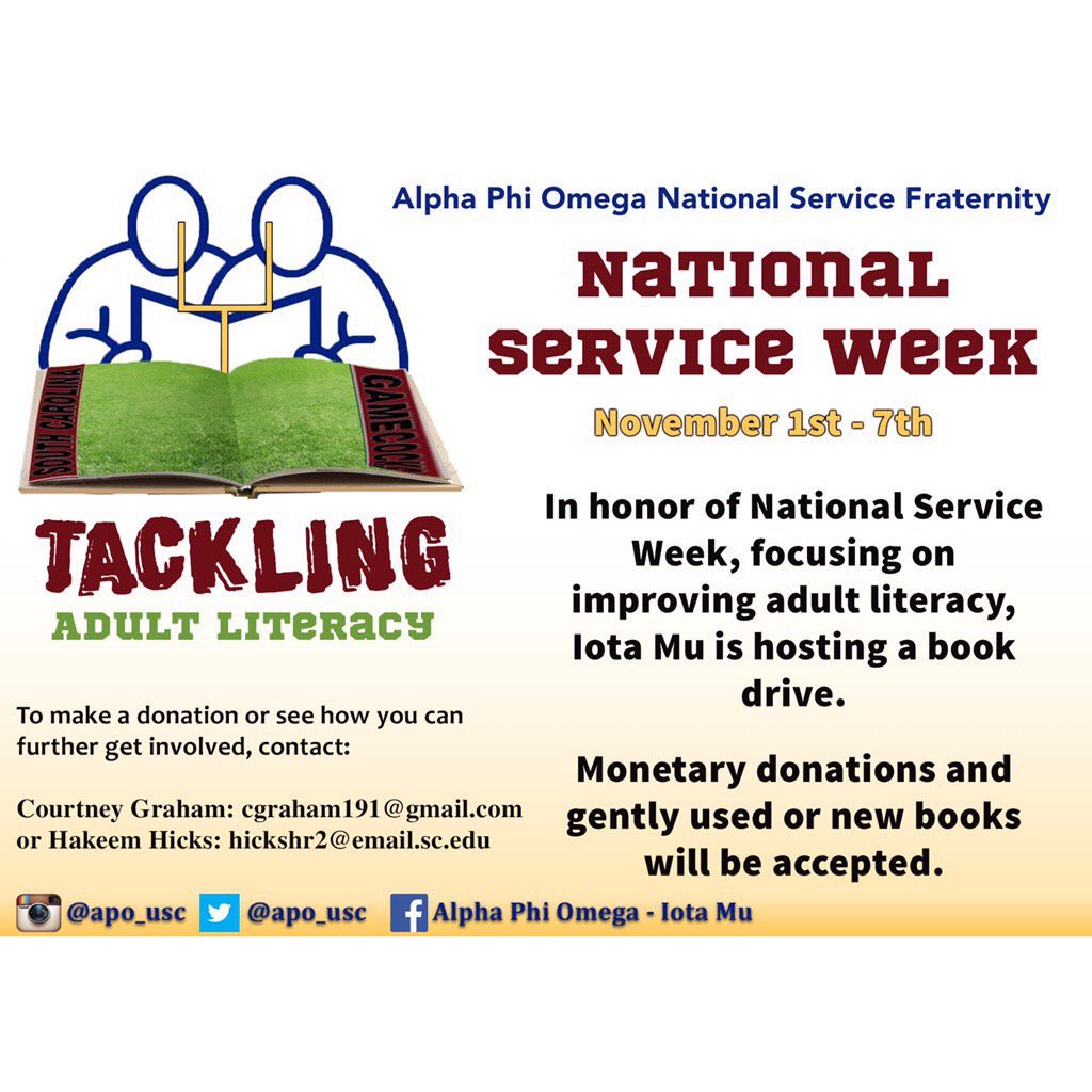 APO_USC's tweet photo. National Service Week is approaching and we're are hosting a Book Drive to promote adult literacy! 💙💛💙💛💙💛 https://t.co/aG4N62lE3l