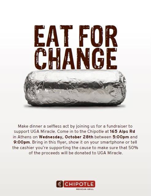 EatFTK's tweet photo. Chipotle % Night from 5-9! Show this flyer at check out or say you're with UGA Miracle! #ForTheGuac #ExtraGuacFTK https://t.co/ynSvmdDVqN