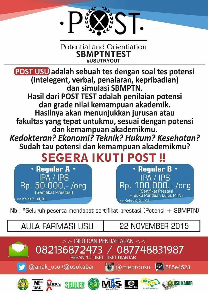 anak_USU's tweet photo. #EventUSU POST (Potential and Orientation SBMPTN Test) 22 Nov at Aula Farmasi USU, info & pendaftaran silakan hub CP https://t.co/k0Burebhbb