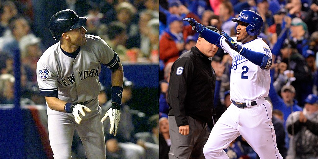 MLB's tweet photo. Derek Jeter &amp; @alcidesescobar2, taking first-pitch swinging to another level: https://t.co/gvNnre8L3H #MLBmemorybank https://t.co/tl6NJTXzlO