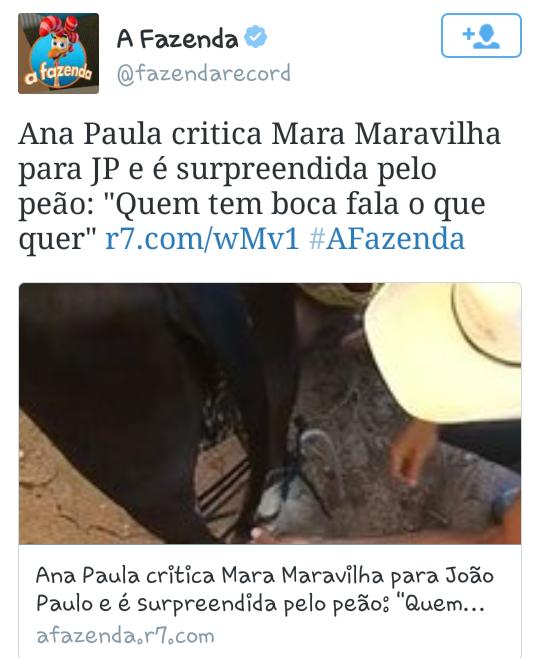taroemagia2's tweet photo. Amiga..  para que ta feio! Pontos para JP ☺ #Anafalsa #MaraCampea #AFazenda https://t.co/DWmi3iRz3U