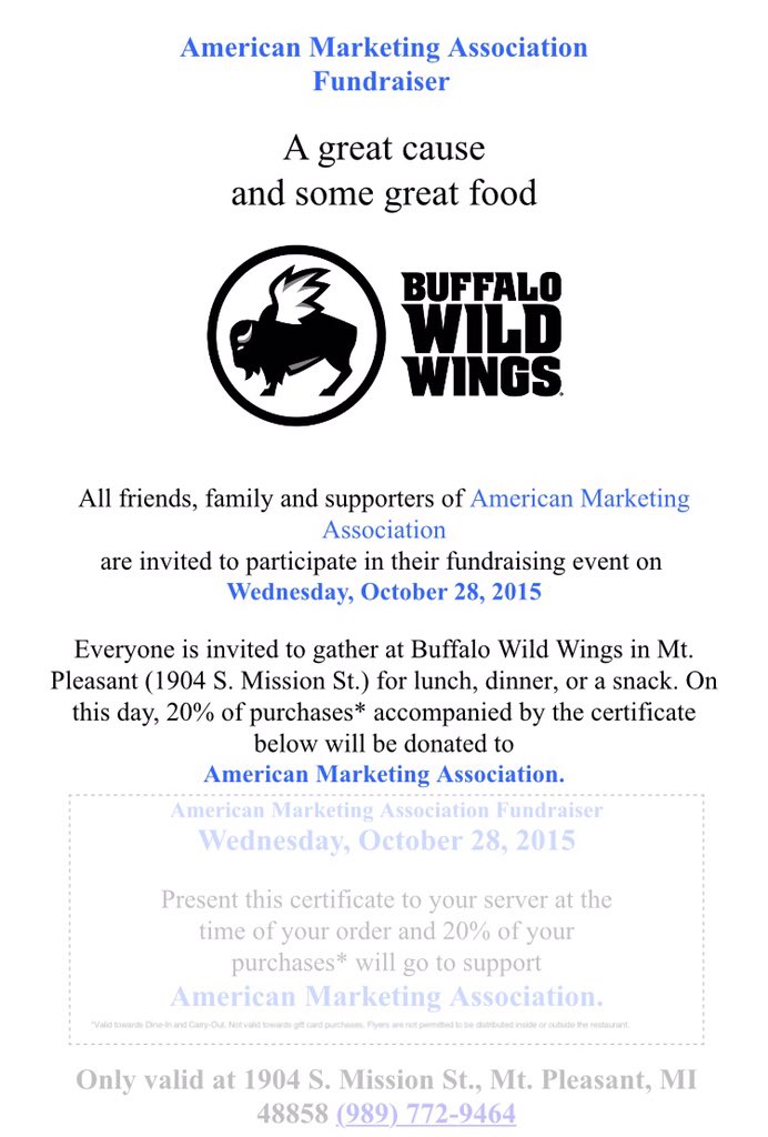 CMichAMA's tweet photo. Don't forget to head over to Buffalo Wild Wings today with a couple of friends for AMA's fundraiser! @CMUniversity https://t.co/fwBJnD9sah
