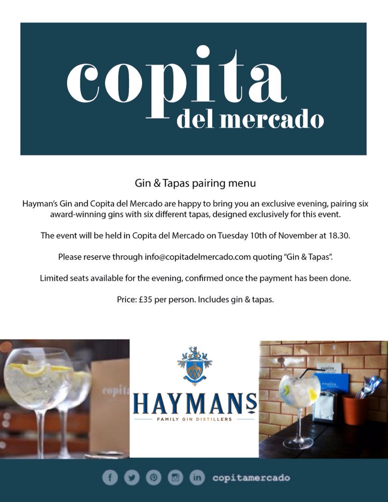 Love_Drinks's tweet photo. @copitamercado are teaming up with @haymansgin for a fantastic evening of Gin and Tapas (G&amp;T) pairing #gin #tapas https://t.co/ou42478lwO
