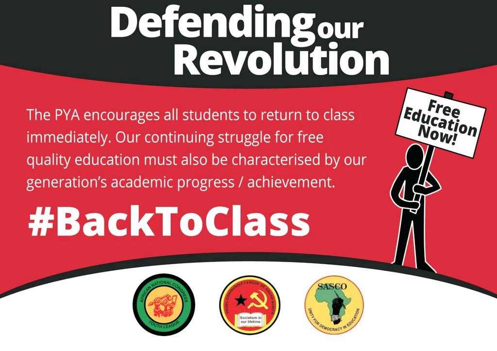 WitsFMF's tweet photo. The Wits PYA says students must go #BackToClass. We say Phambili with #EndOutsourcing. The end is near, look at UCT! https://t.co/vrIytDk39X