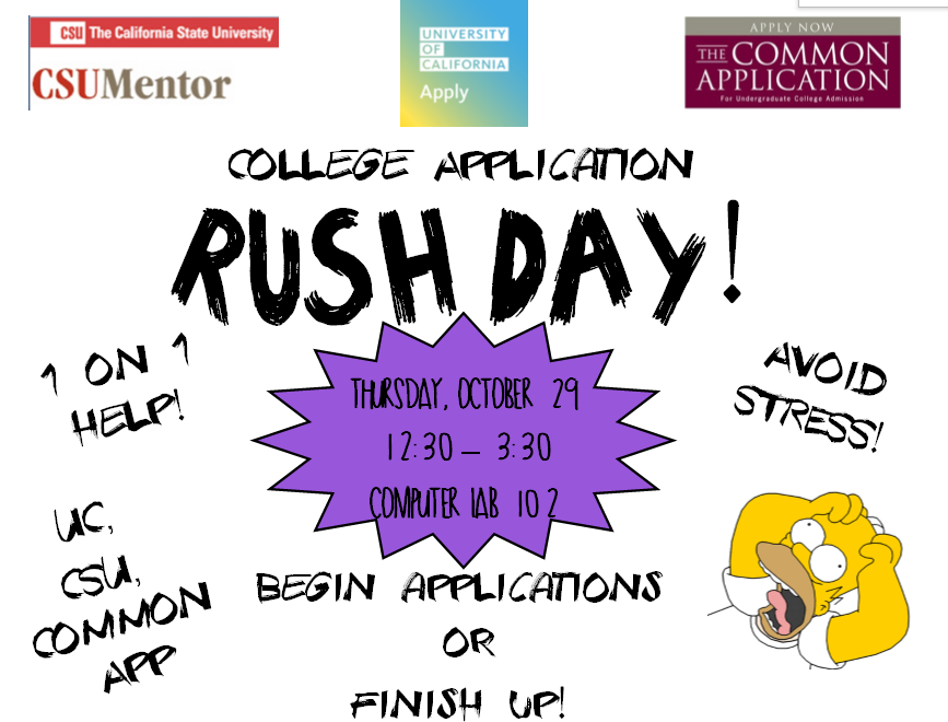 Guidance_EHS's tweet photo. Tomorrow (10/29) is College App Rush Day! Computer Lab 102 from 12:30-3:30 to get help with all your apps! Retweet! https://t.co/RECLXUnrx1