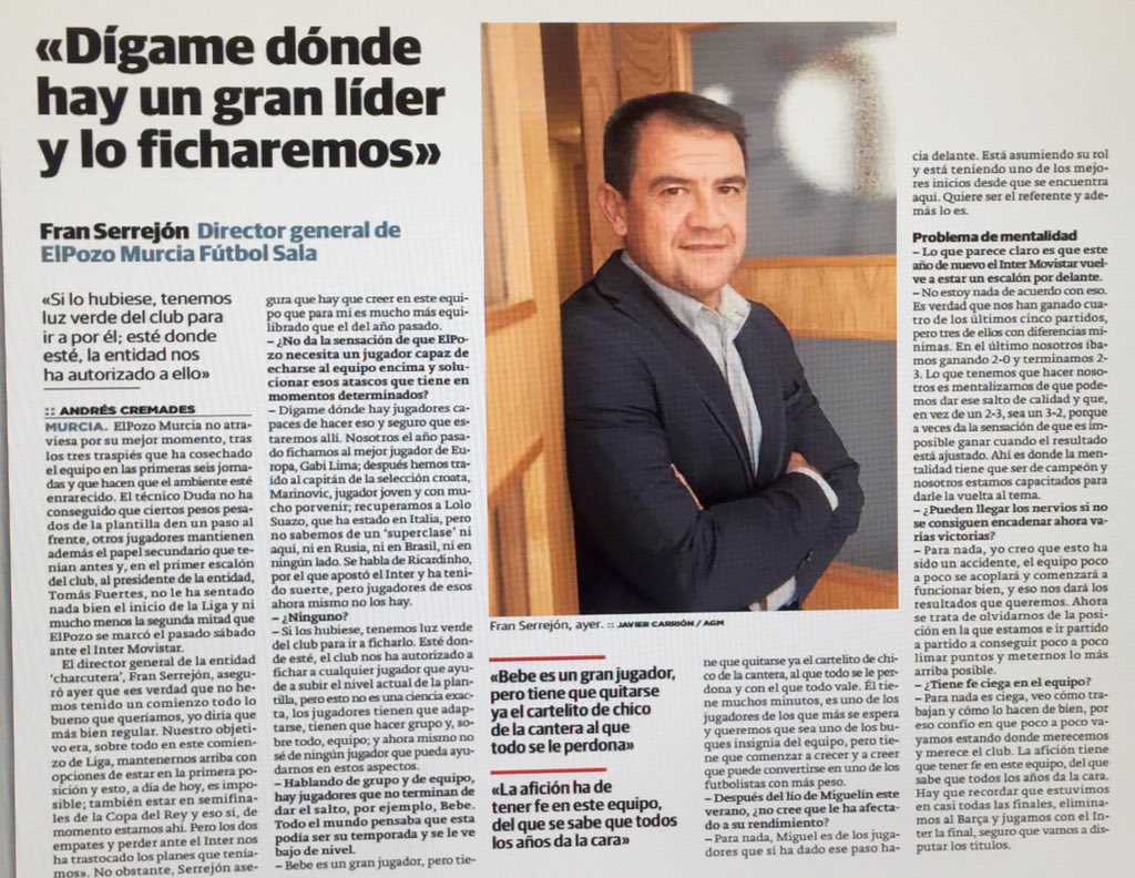 gustavomunana's tweet photo. Buena entrevista de @andycremades6 en @laverdad_es a Fran Serrejón, director deportivo @ElPozoMurcia_FS Habrá bomba? https://t.co/6lByVzL9fx