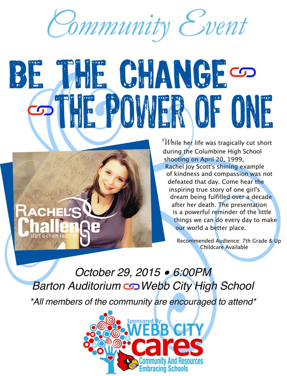 webbcitycares's tweet photo. The WC community is invited to hear Rachel's Challenge tomorrow night at 6 PM at the High School's Barton Theater! https://t.co/FNnVzGjMVR