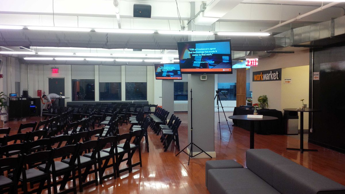 JeffreyWald's tweet photo. It's about to begin! #officeopening for @workmarket and our #beyonduber event with panel and #nymets on the screens https://t.co/DUduanEL8R