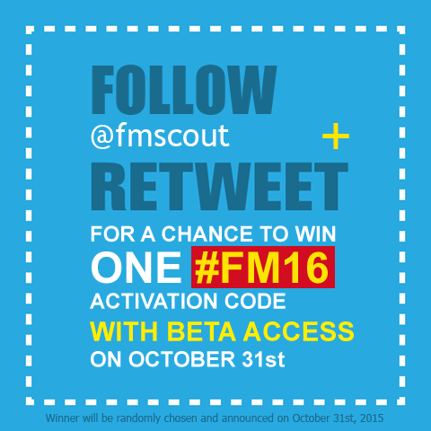 fmscout's tweet photo. #GIVEAWAY: Follow @fmscout &amp; RT this for a chance to win #FM16 with #Beta access! Winner randomly chosen on Oct 31st https://t.co/4PothdzXup