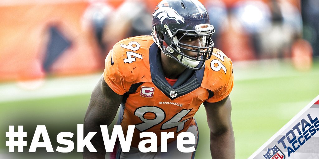 nflnetwork's tweet photo. SUNDAY.
GB (6-0) at @Broncos (6-0).

@DeMarcusWare joins us Friday!

What do you want to ask DeMarcus? Use #AskWare https://t.co/JNPU5MPMuX