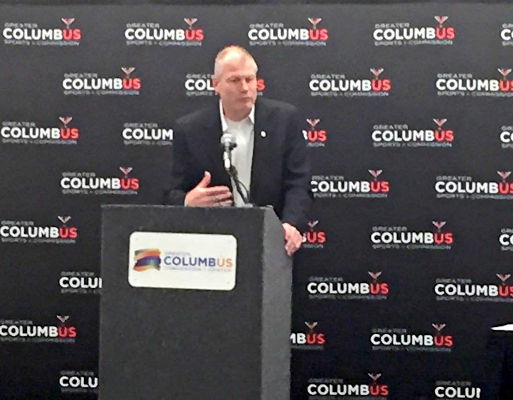 ColumbusSports's tweet photo. Men's Vball Coach Pete Hanson of @OhioStAthletics speaks on past successes and benefits of the #BJNC #sportsincbus https://t.co/bl8XQl1gRk