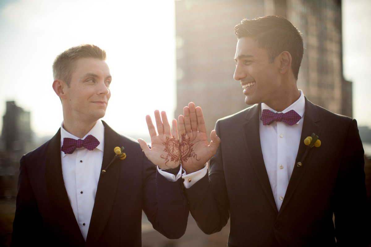 Yellow craspedia boutonnieres &amp; a romantic, shared henna tattoo. Photo: #WeddingsByTwo <a href="/Studio450/">Studio 450</a> #weddingwednesday