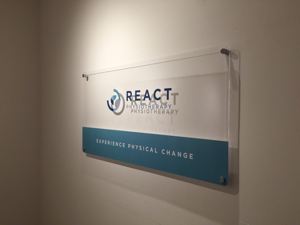 NortonPrintwear's tweet photo. Printed Acrylic panel #reactphysiotherapy #acrylic #Chrome standoffs #Roland #interiordesign #signage #graphicdesign https://t.co/eRDcIrLVpv
