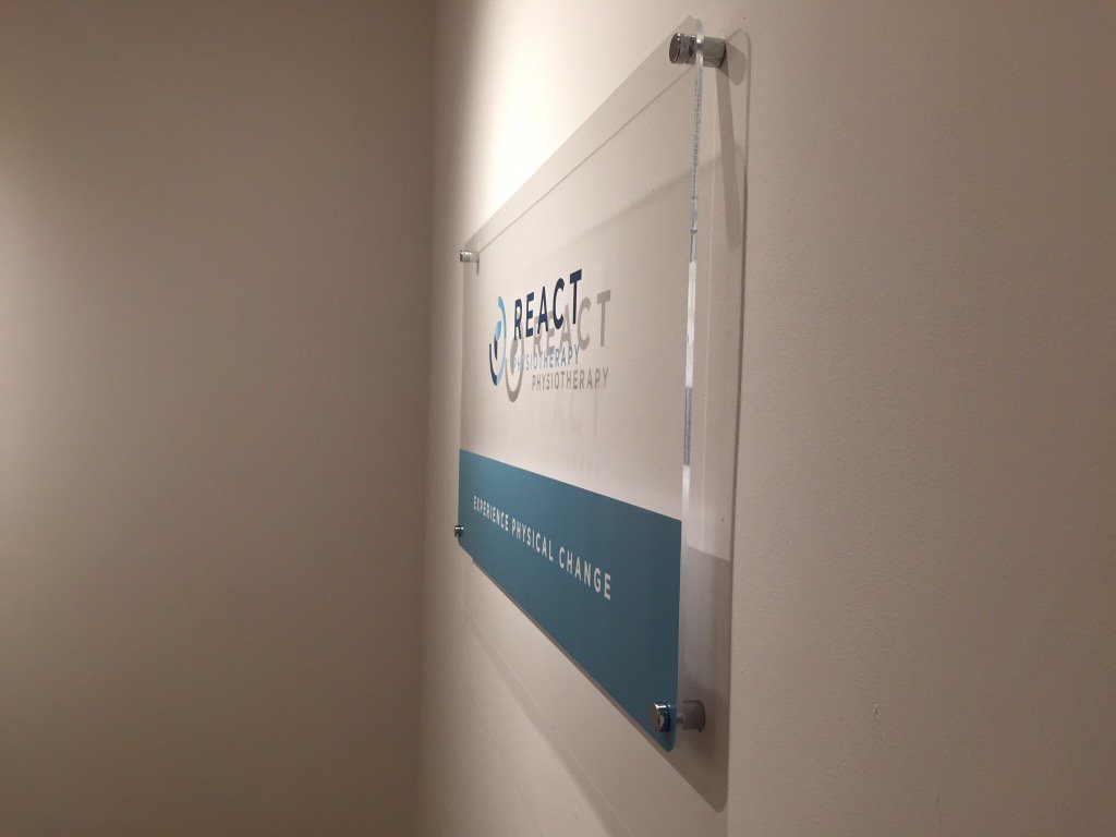 NortonPrintwear's tweet photo. Printed Acrylic panel #reactphysiotherapy #acrylic #Chrome standoffs #Roland #interiordesign #signage #graphicdesign https://t.co/eRDcIrLVpv