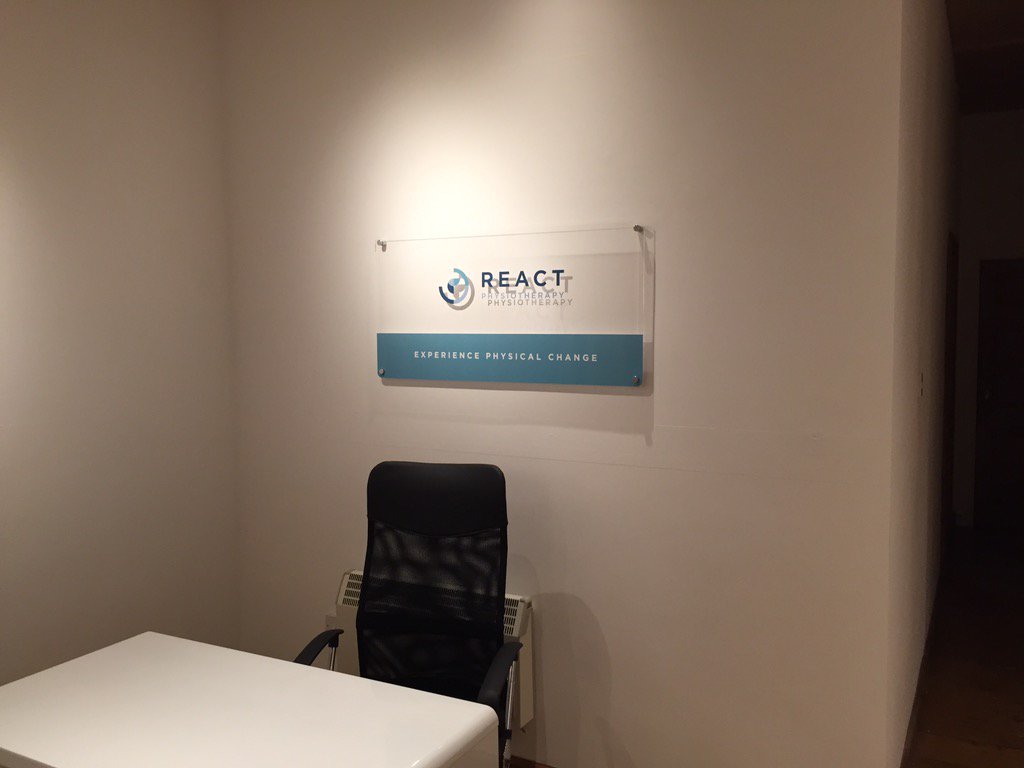 NortonPrintwear's tweet photo. Printed Acrylic panel #reactphysiotherapy #acrylic #Chrome standoffs #Roland #interiordesign #signage #graphicdesign https://t.co/eRDcIrLVpv