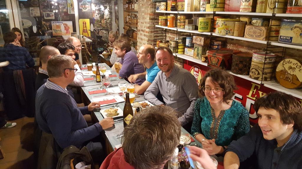 mapserving's tweet image. great pic! RT @olivermay_be: #foss4gbe social dinner! Lots beers here :)