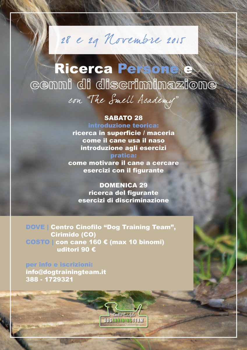 DogTrainingTeam's tweet photo. 28 e 29 Novembre | Due giorni di Ricerca Persone e Discriminazione Olfattiva con The Smell Academy #dogtraining https://t.co/GCaZga9RM5