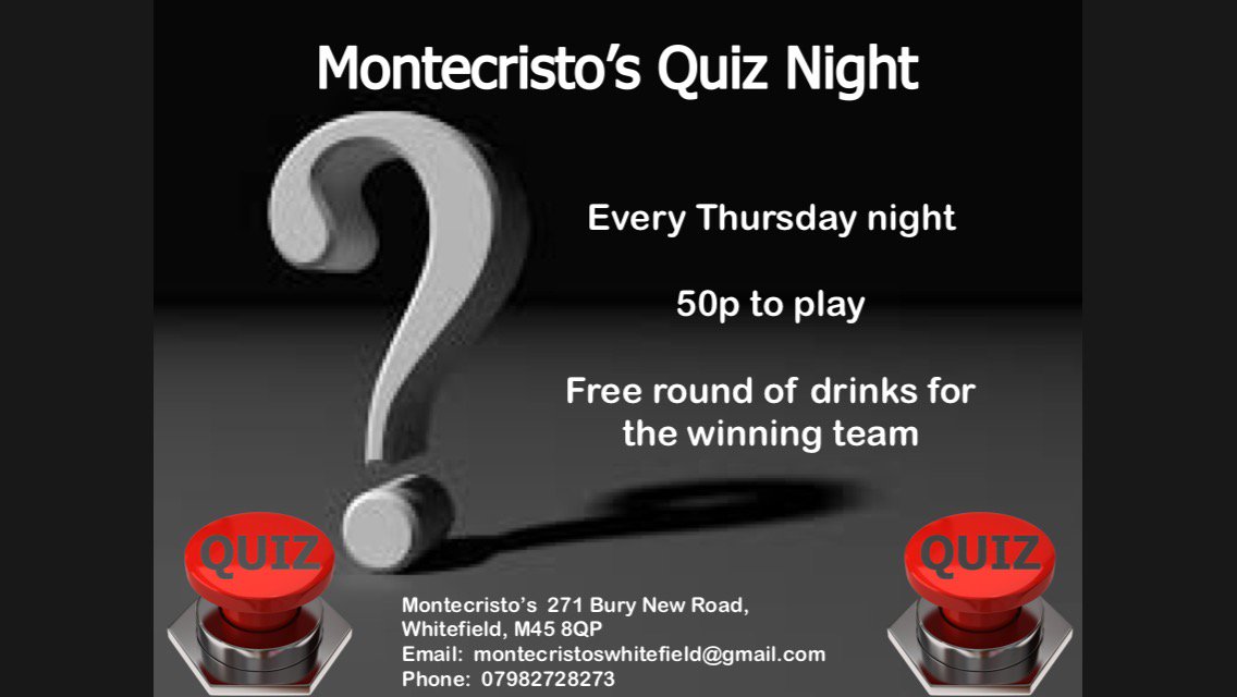 It's quiz night tomorrow at 8:30pm at Montecristo #quiznight