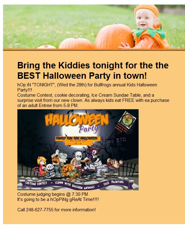 Bullfrogs_Bar's tweet photo. Bullfrogs Kiddies Annual Halloween Party Tonight 5-8 pm. https://t.co/lMDGvbhGyv https://t.co/wocdNZM2e9