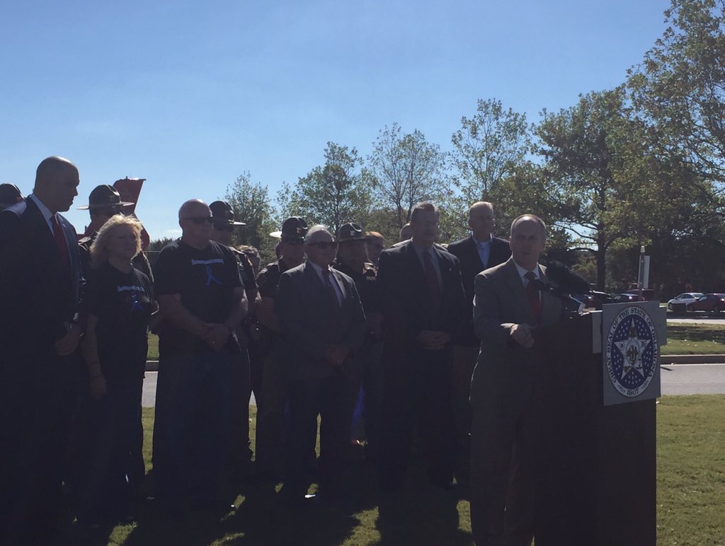 SpkrHickmanOK's tweet photo. Troopers, Dees family, telecom partners and legislators join me to review OK texting &amp; driving ban effective Sunday https://t.co/djxOhF2lUN
